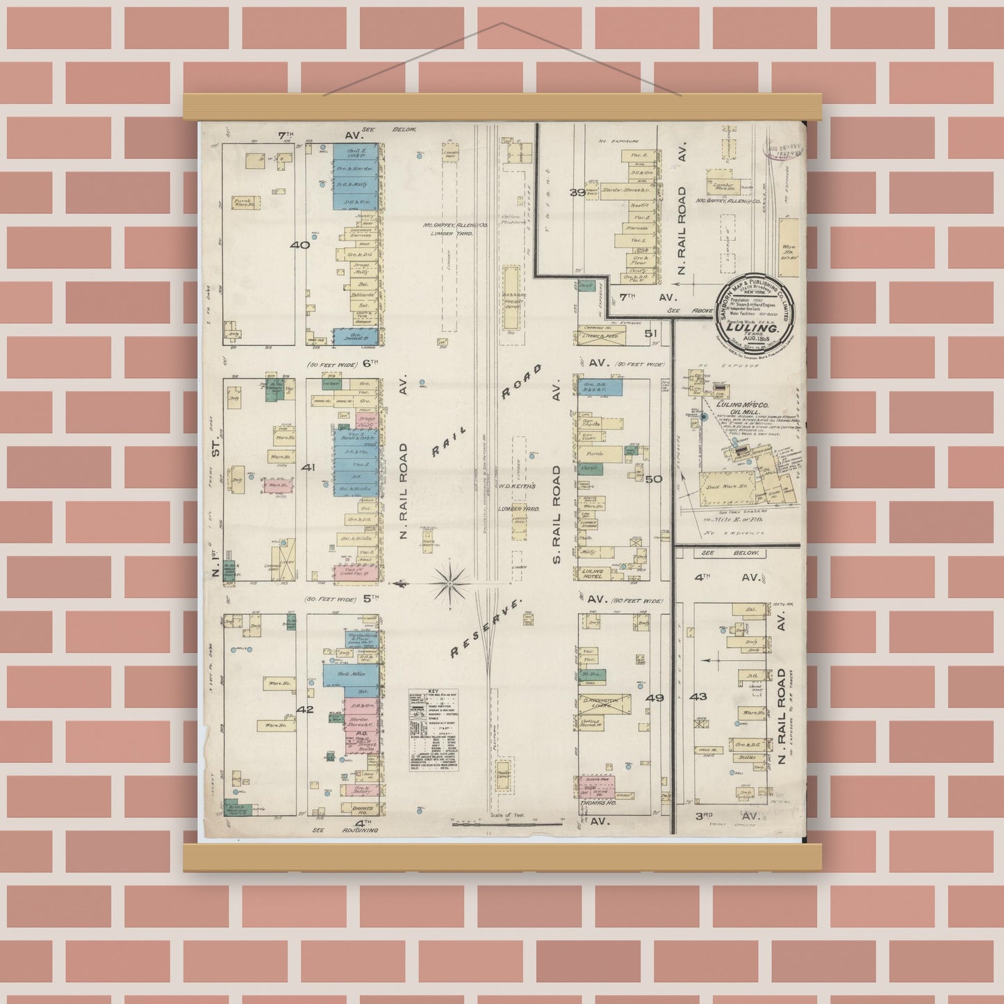 Old map wall art mockup — magnetic wood frame on brick wall — Sanborn Fire Insurance Map from Luling, Caldwell County, Texas (1885), Sheet #0001