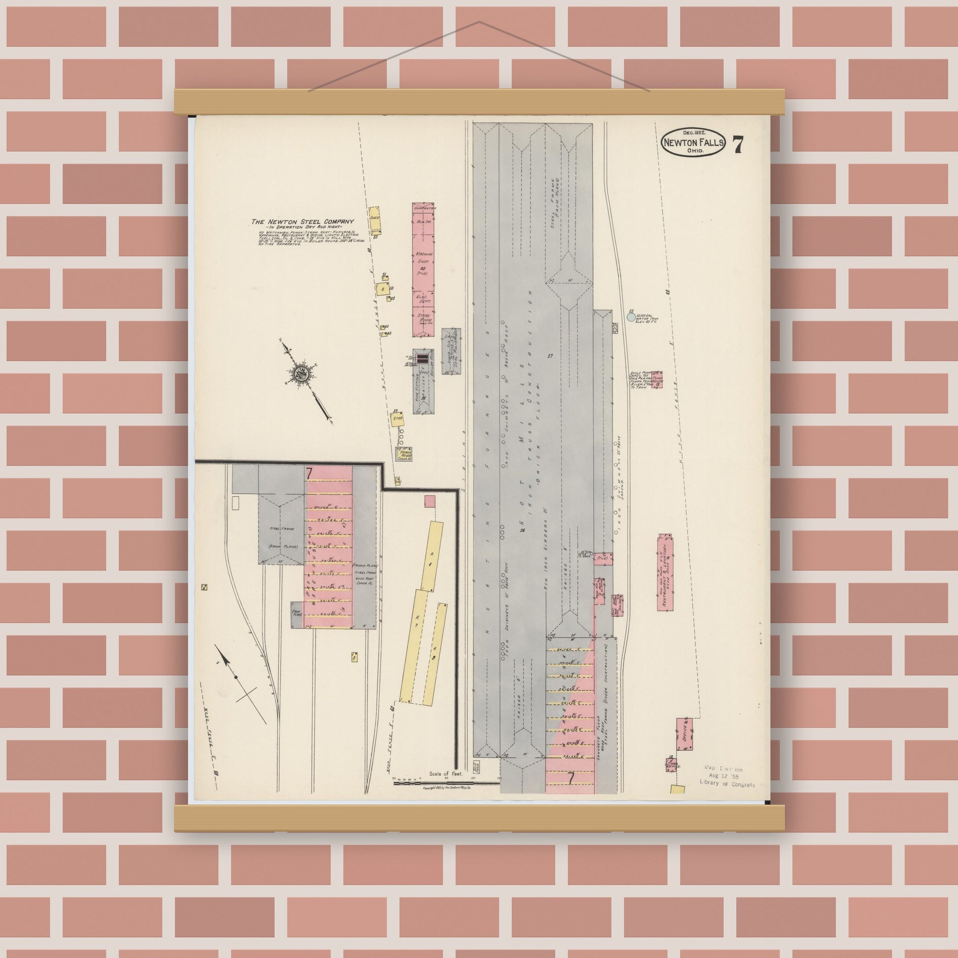 Old map wall art mockup — magnetic wood frame on brick wall — Sanborn Fire Insurance Map from Newton Falls, Trumbull County, Ohio (1922), Sheet #0007
