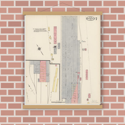 Old map wall art mockup — magnetic wood frame on brick wall — Sanborn Fire Insurance Map from Newton Falls, Trumbull County, Ohio (1922), Sheet #0007