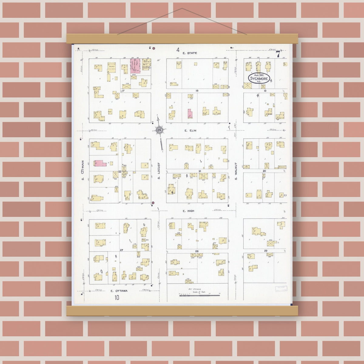 Old map wall art mockup — magnetic wood frame on brick wall — Sanborn Fire Insurance Map from Sycamore, De Kalb County, Illinois (1912), Sheet #0007