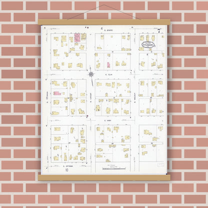 Old map wall art mockup — magnetic wood frame on brick wall — Sanborn Fire Insurance Map from Sycamore, De Kalb County, Illinois (1912), Sheet #0007