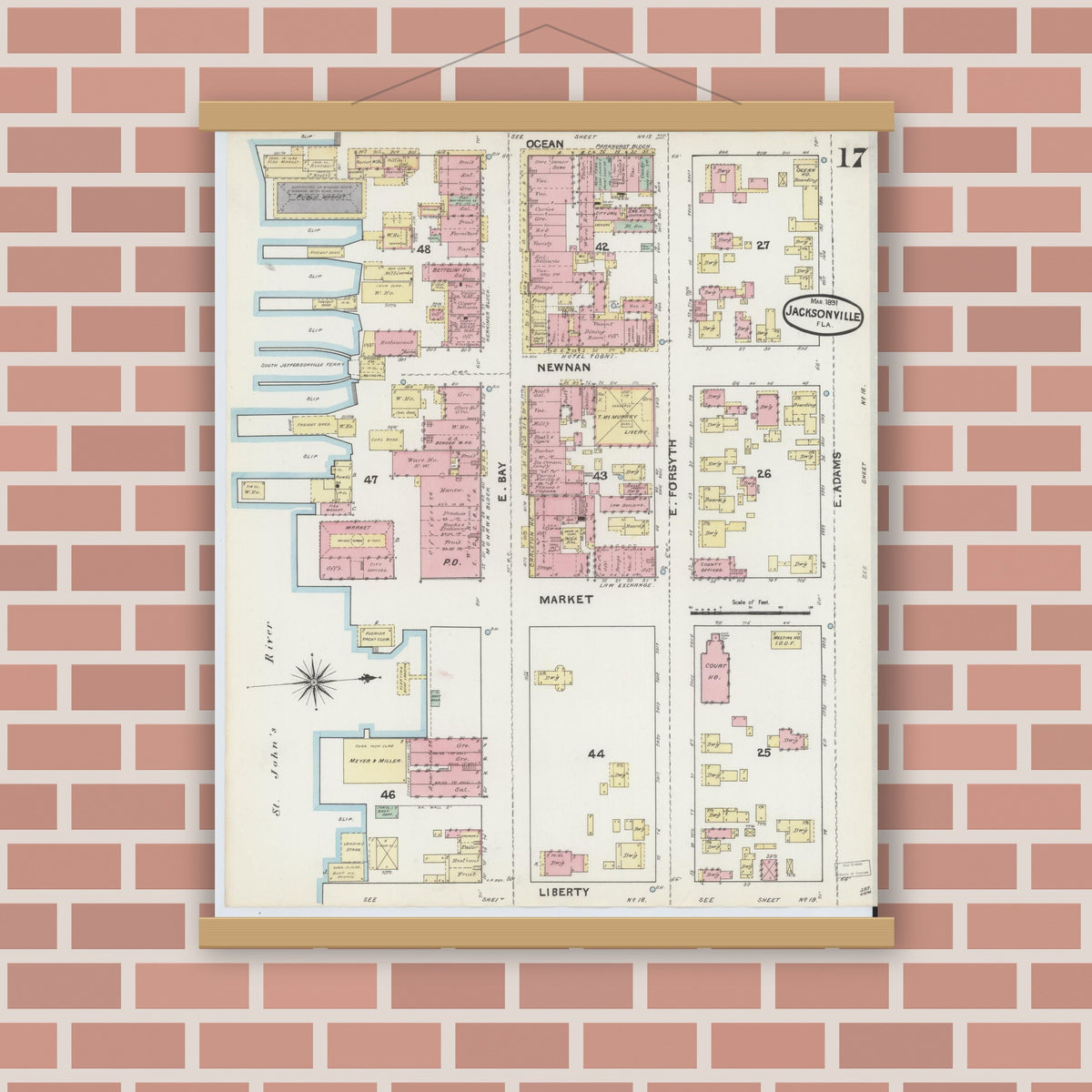 Old map wall art mockup — magnetic wood frame on brick wall — Sanborn Fire Insurance Map from Jacksonville, Duval County, Florida (1891), Sheet #0017