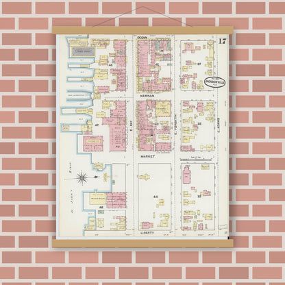 Old map wall art mockup — magnetic wood frame on brick wall — Sanborn Fire Insurance Map from Jacksonville, Duval County, Florida (1891), Sheet #0017