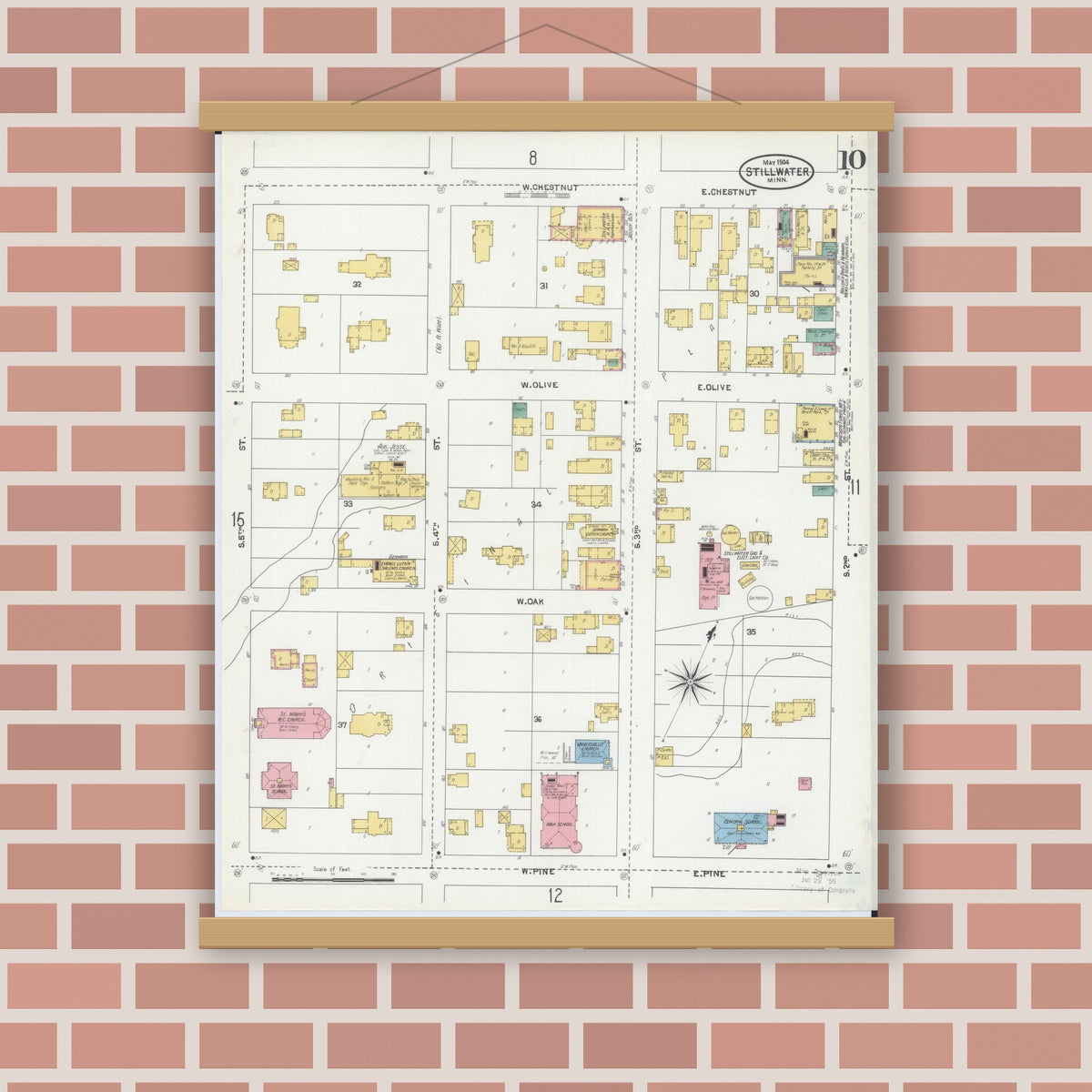 Old map wall art mockup — magnetic wood frame on brick wall — Sanborn Fire Insurance Map from Stillwater, Washington County, Minnesota (1904), Sheet #0010