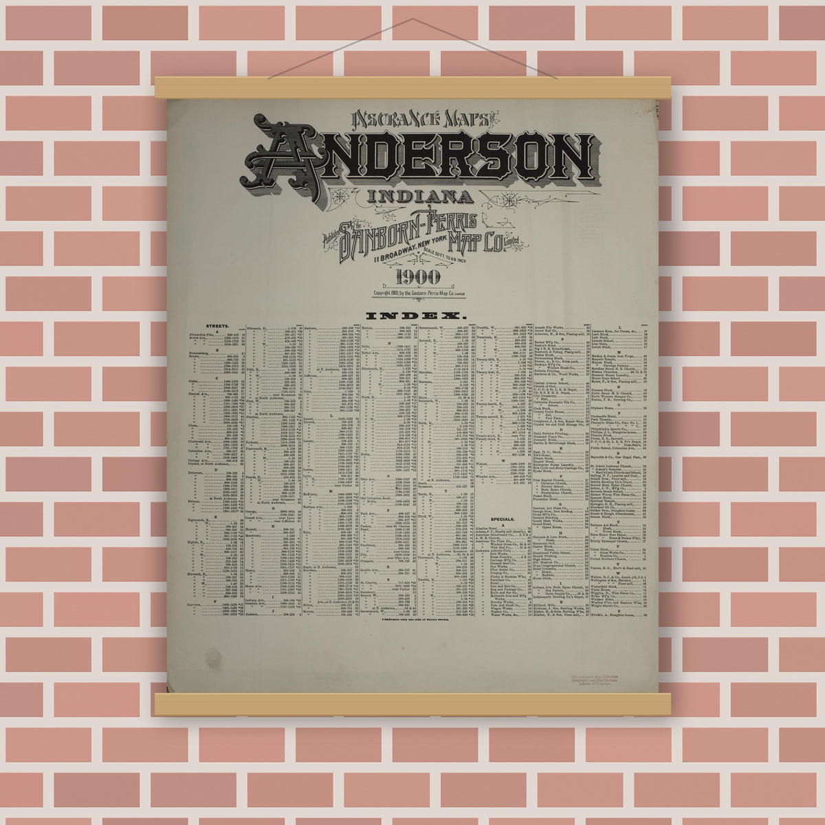 Old map wall art mockup — magnetic wood frame on brick wall — Sanborn Fire Insurance Map from Anderson, Madison County, Indiana (1900), Sheet #0001