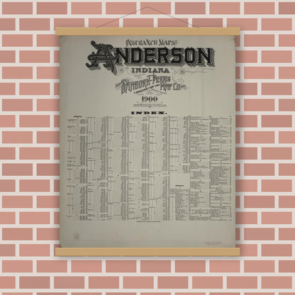 Old map wall art mockup — magnetic wood frame on brick wall — Sanborn Fire Insurance Map from Anderson, Madison County, Indiana (1900), Sheet #0001