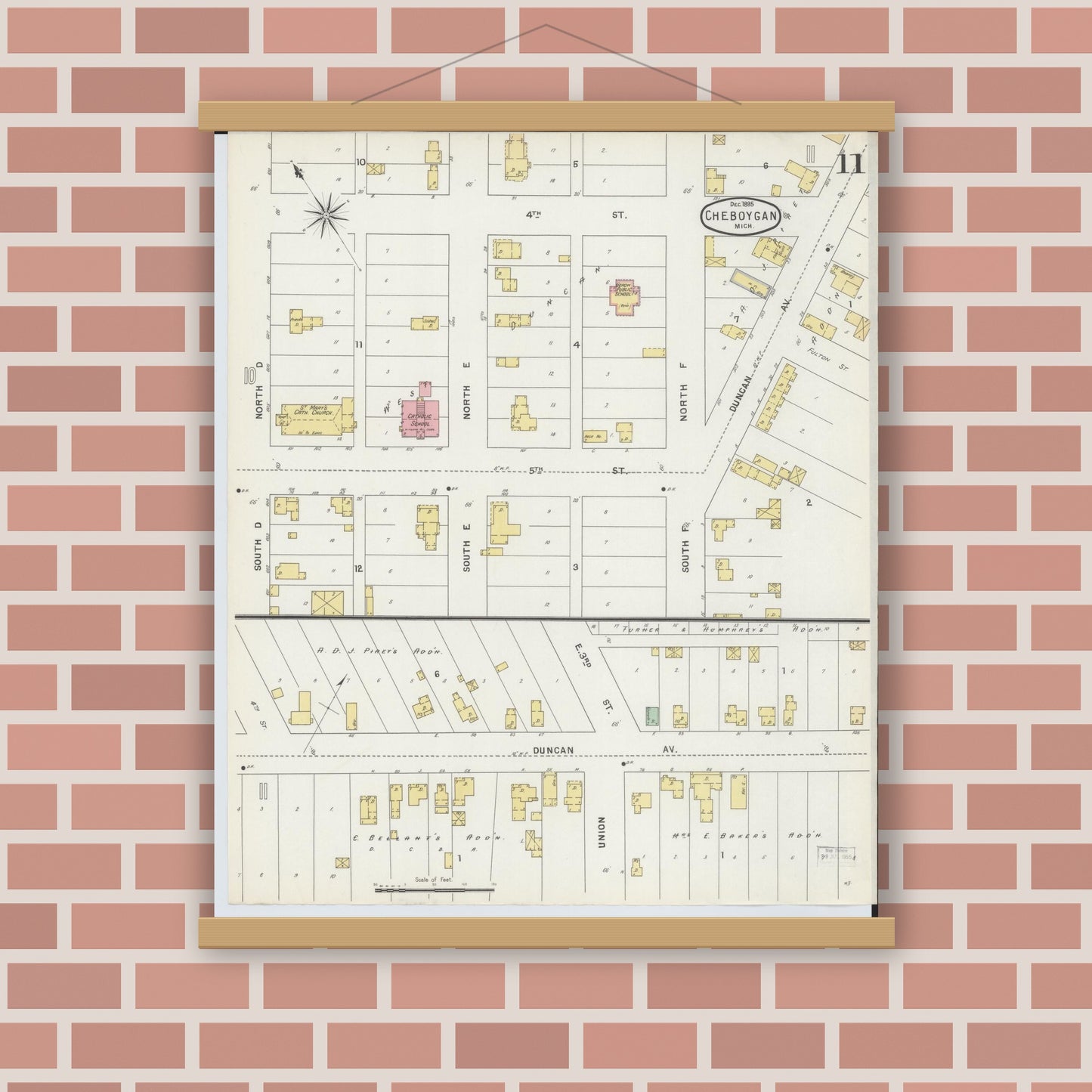 Old map wall art mockup — magnetic wood frame on brick wall — Sanborn Fire Insurance Map from Cheboygan, Cheboygan County, Michigan (1895), Sheet #0011