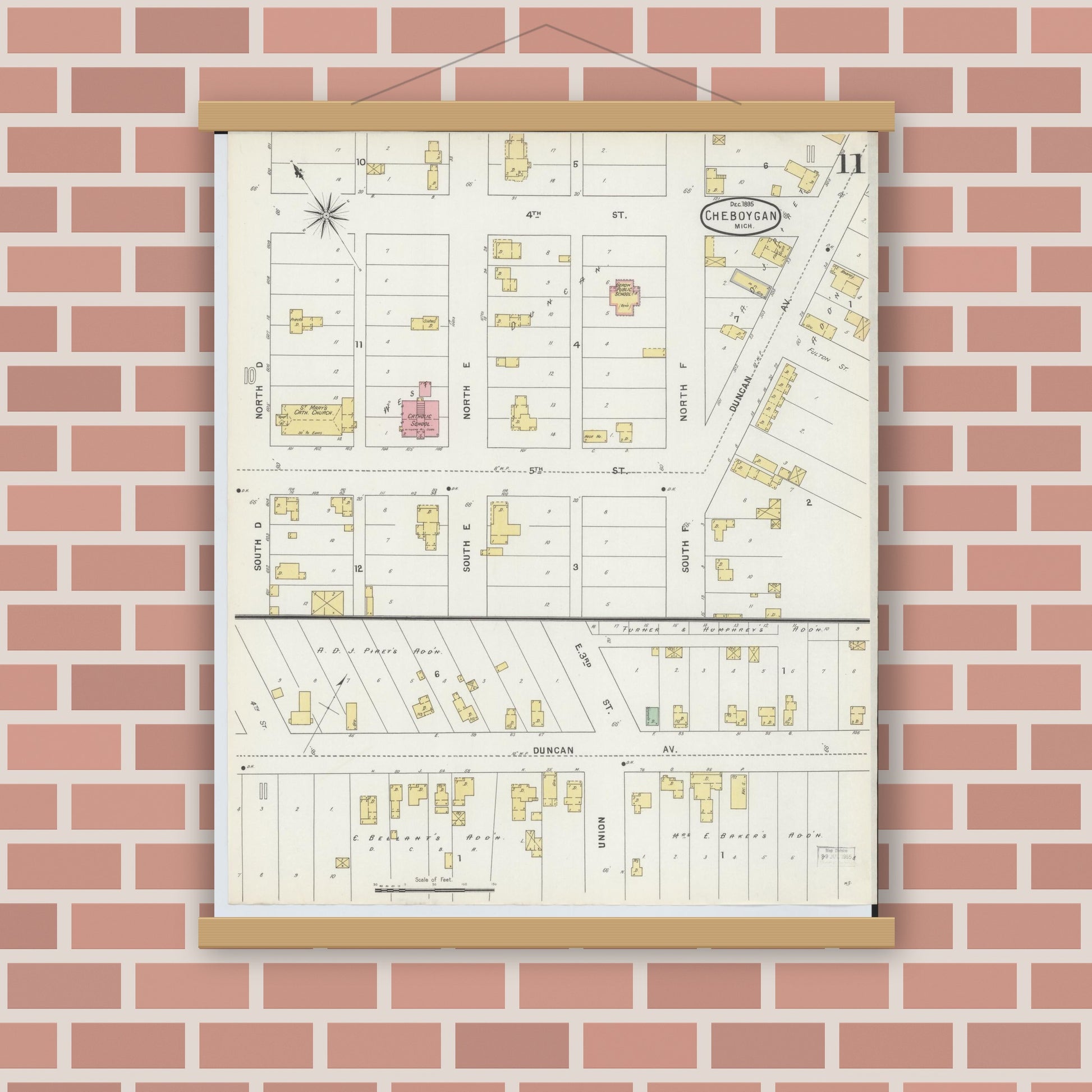 Old map wall art mockup — magnetic wood frame on brick wall — Sanborn Fire Insurance Map from Cheboygan, Cheboygan County, Michigan (1895), Sheet #0011