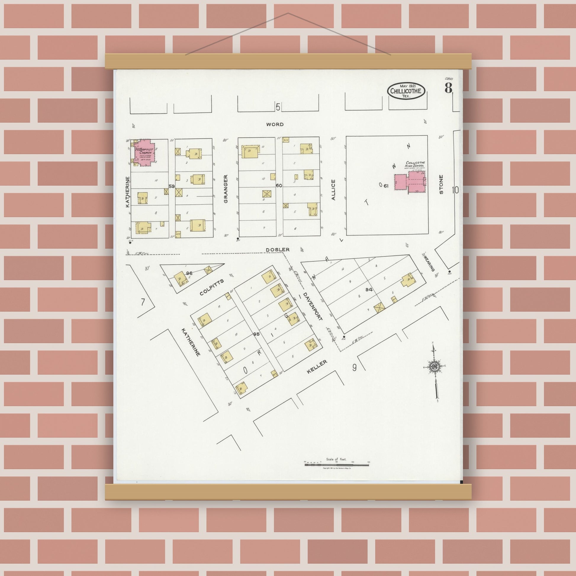 Old map wall art mockup — magnetic wood frame on brick wall — Sanborn Fire Insurance Map from Chillicothe, Hardeman County, Texas (1921), Sheet #0008