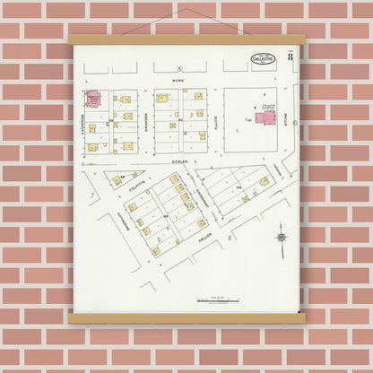 Old map wall art mockup — magnetic wood frame on brick wall — Sanborn Fire Insurance Map from Chillicothe, Hardeman County, Texas (1921), Sheet #0008