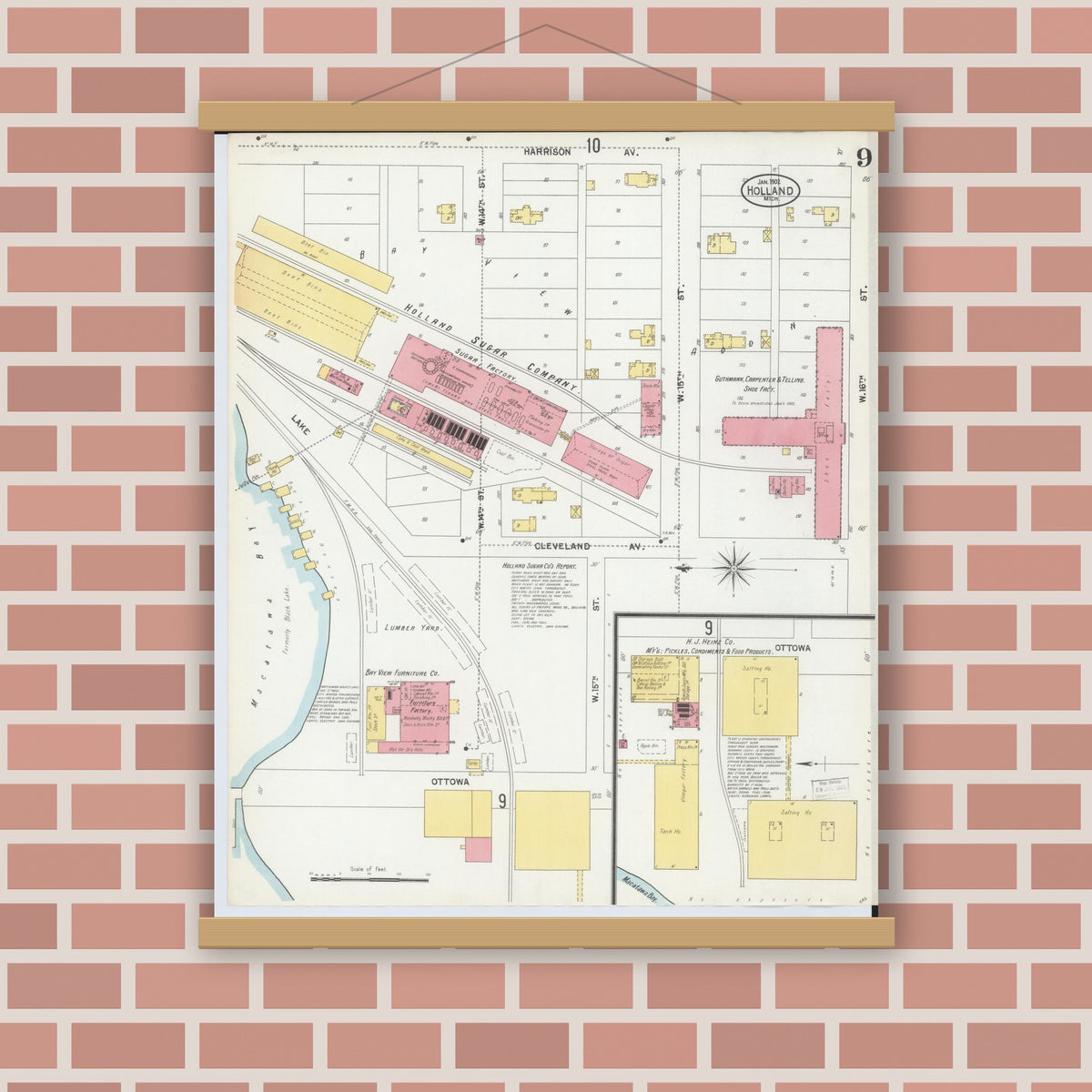Old map wall art mockup — magnetic wood frame on brick wall — Sanborn Fire Insurance Map from Holland, Ottawa County, Michigan (1902), Sheet #0009