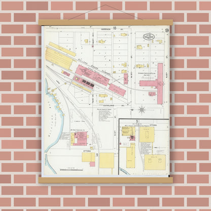 Old map wall art mockup — magnetic wood frame on brick wall — Sanborn Fire Insurance Map from Holland, Ottawa County, Michigan (1902), Sheet #0009