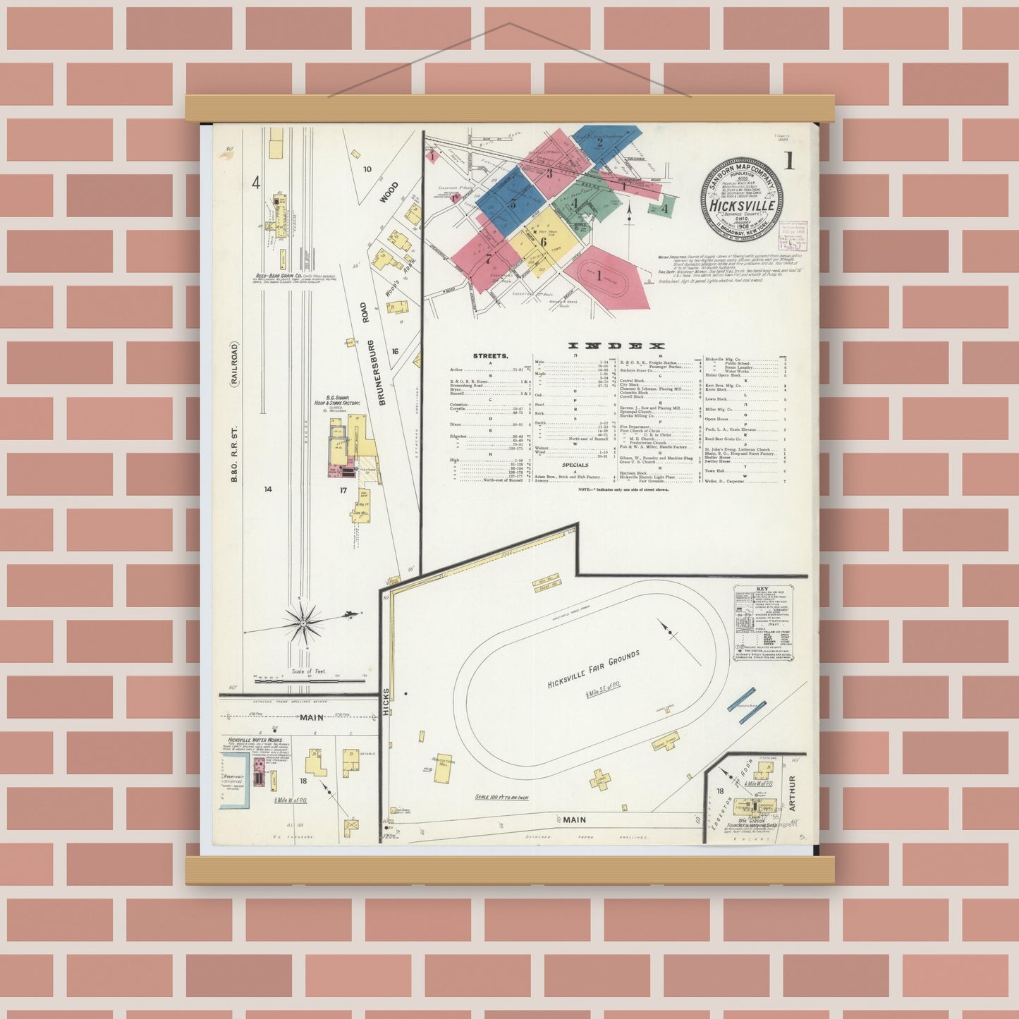 Old map wall art mockup — magnetic wood frame on brick wall — Sanborn Fire Insurance Map from Hicksville, Defiance County, Ohio (1908) - Complete Map Set