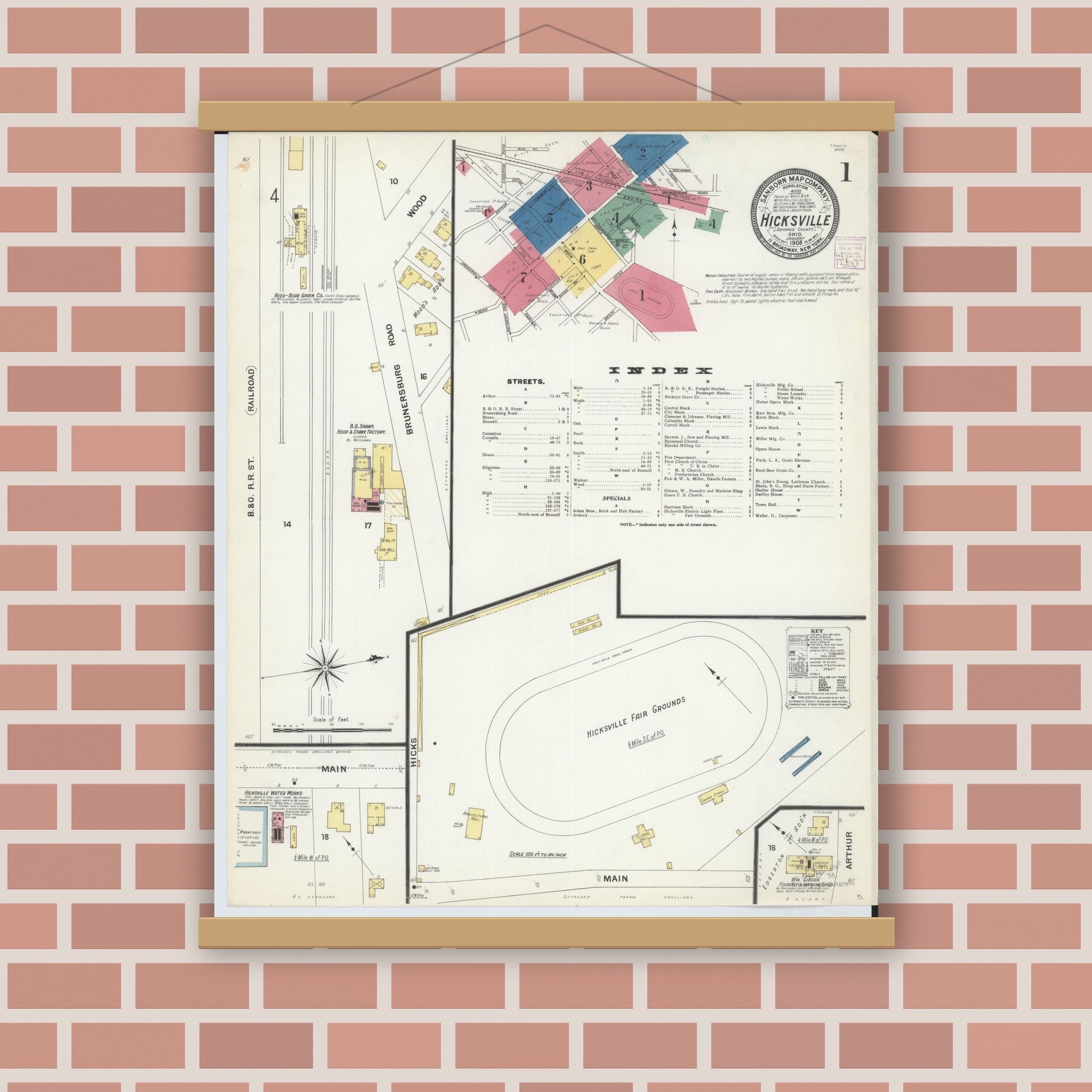 Old map wall art mockup — magnetic wood frame on brick wall — Sanborn Fire Insurance Map from Hicksville, Defiance County, Ohio (1908) - Complete Map Set