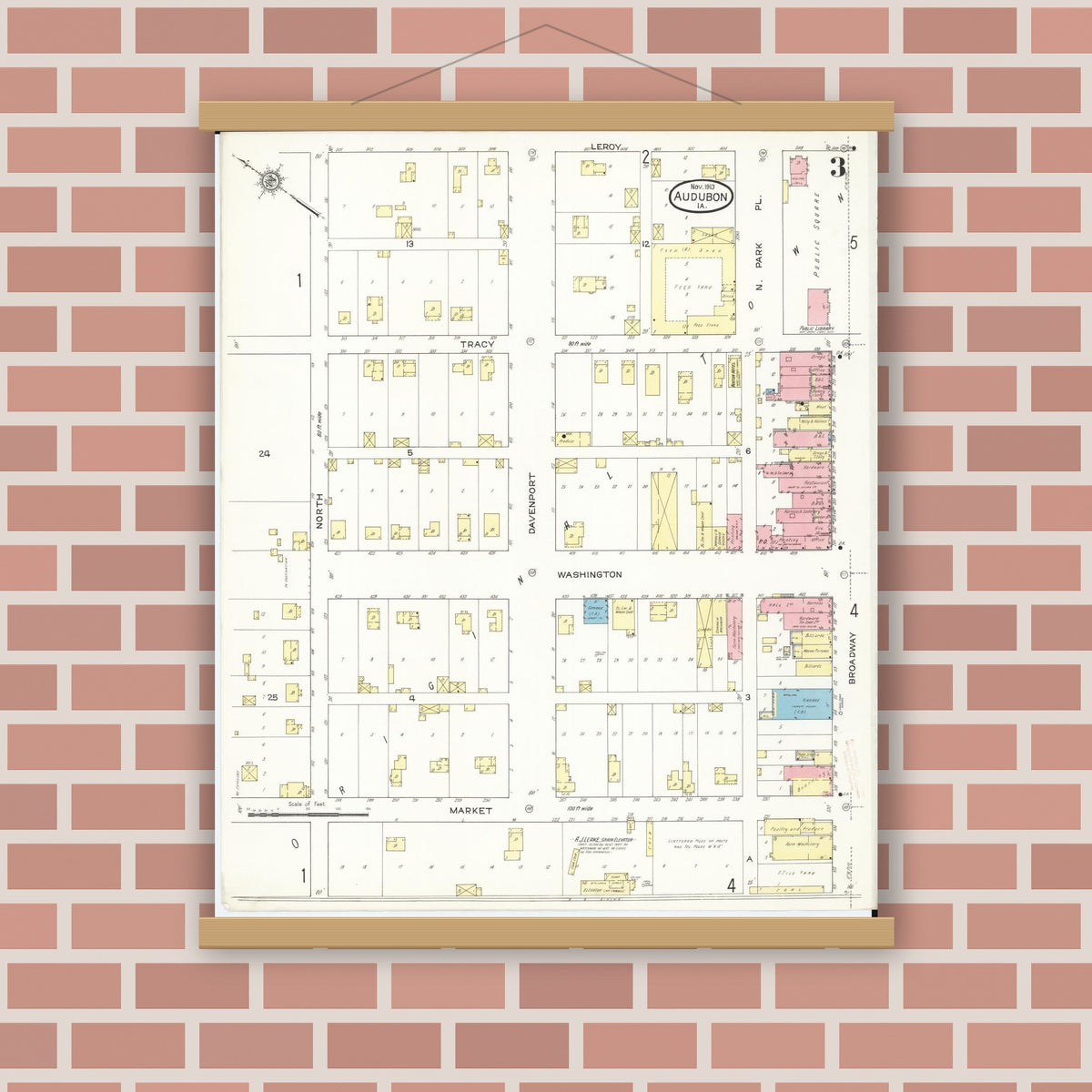 Old map wall art mockup — magnetic wood frame on brick wall — Sanborn Fire Insurance Map from Audubon, Audubon County, Iowa (1913), Sheet #0003