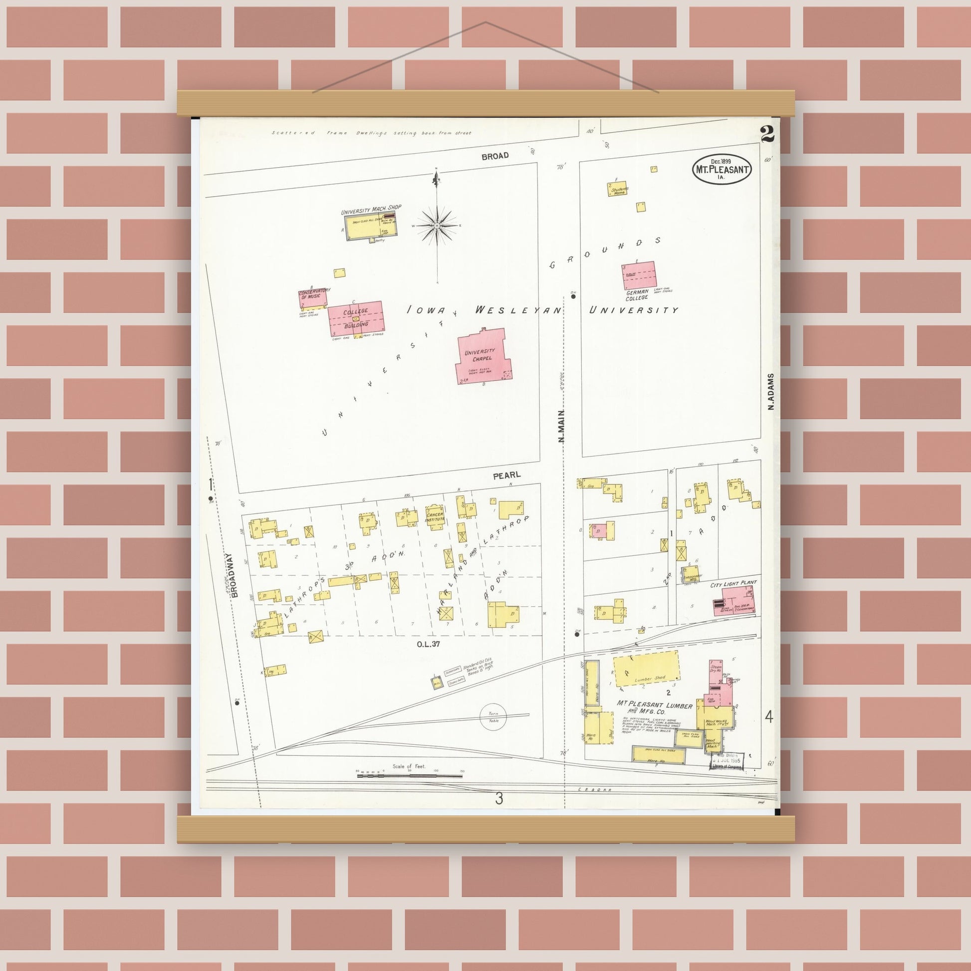 Old map wall art mockup — magnetic wood frame on brick wall — Sanborn Fire Insurance Map from Mount Pleasant, Henry County, Iowa (1899), Sheet #0002