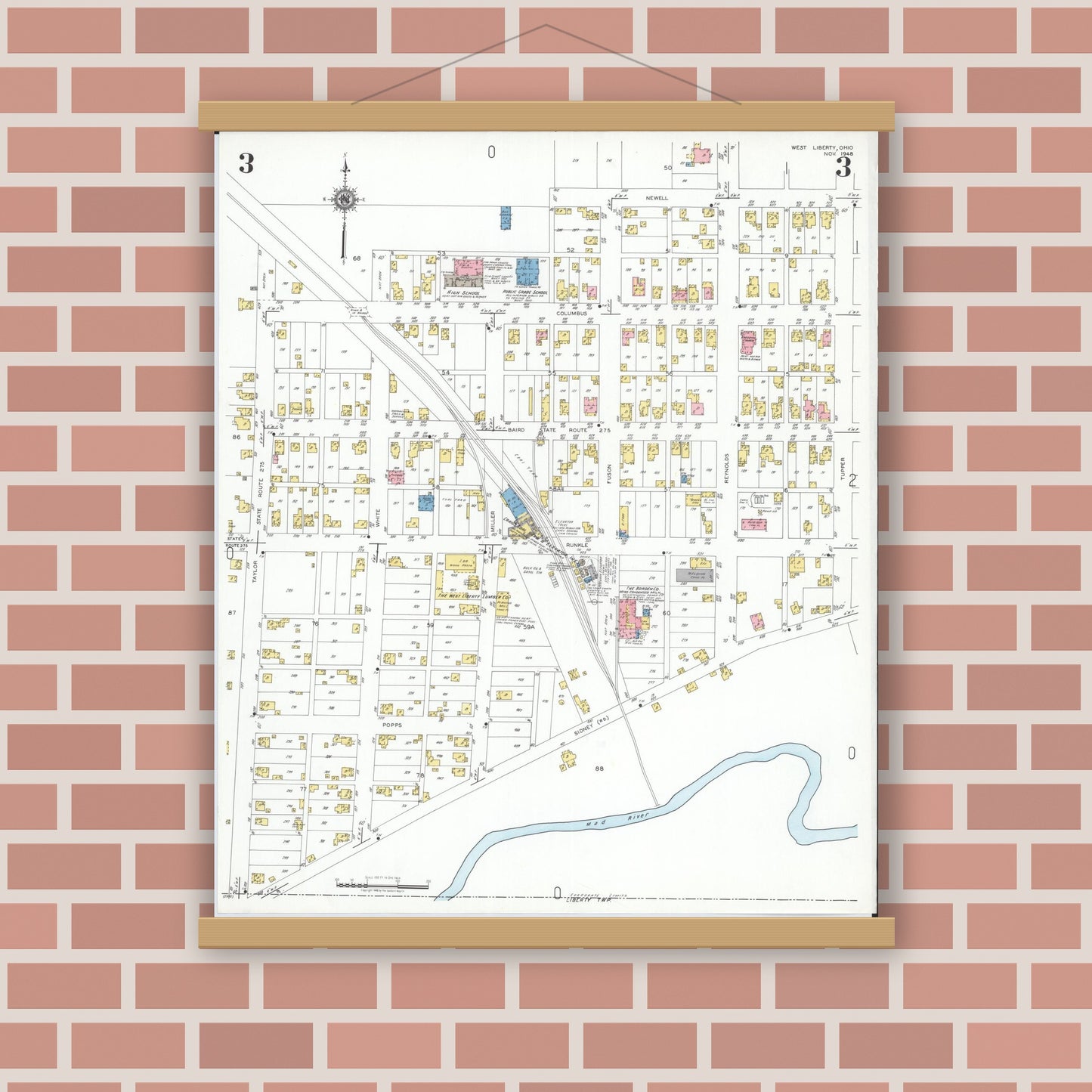 Old map wall art mockup — magnetic wood frame on brick wall — Sanborn Fire Insurance Map from West Liberty, Logan County, Ohio (1948), Sheet #0003
