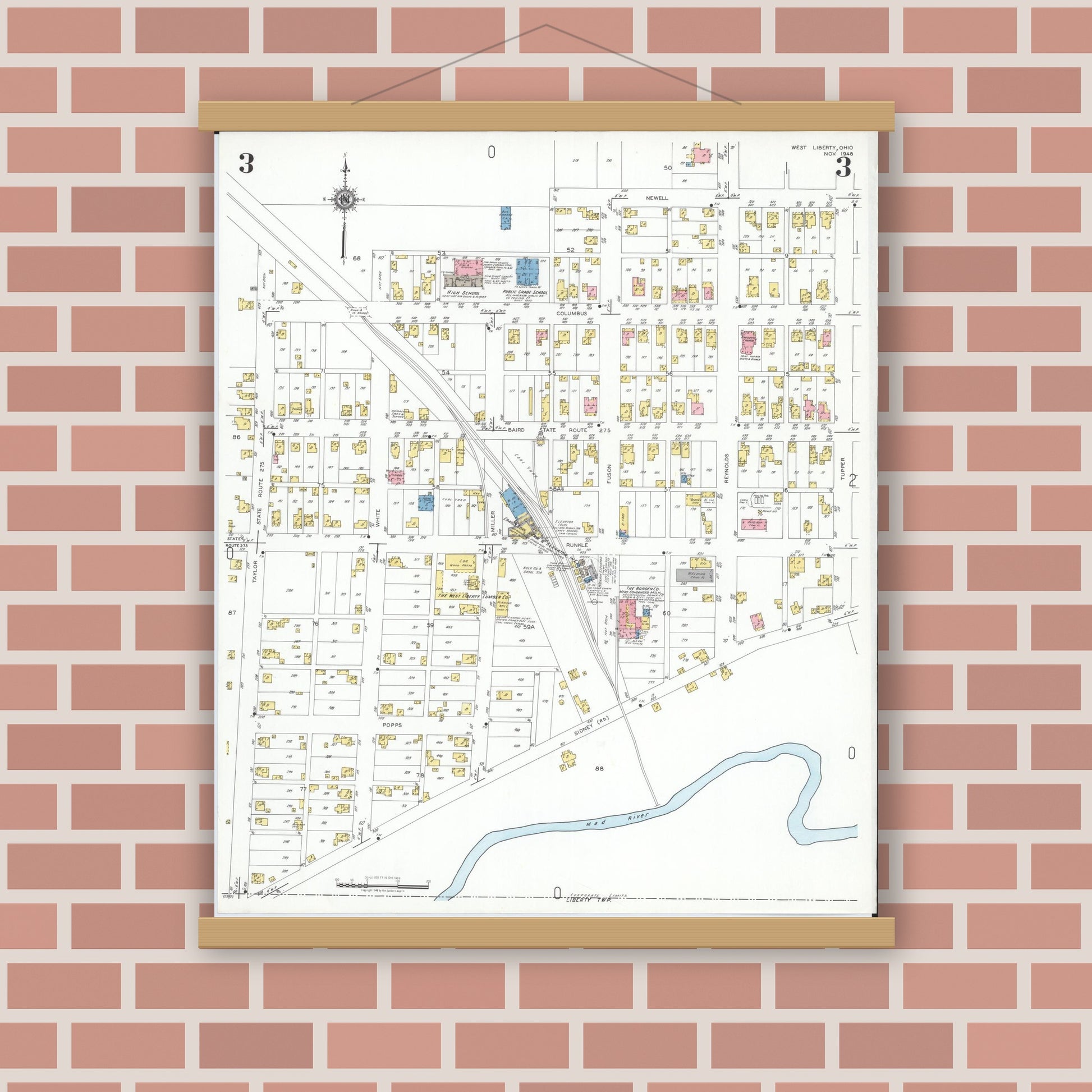 Old map wall art mockup — magnetic wood frame on brick wall — Sanborn Fire Insurance Map from West Liberty, Logan County, Ohio (1948), Sheet #0003