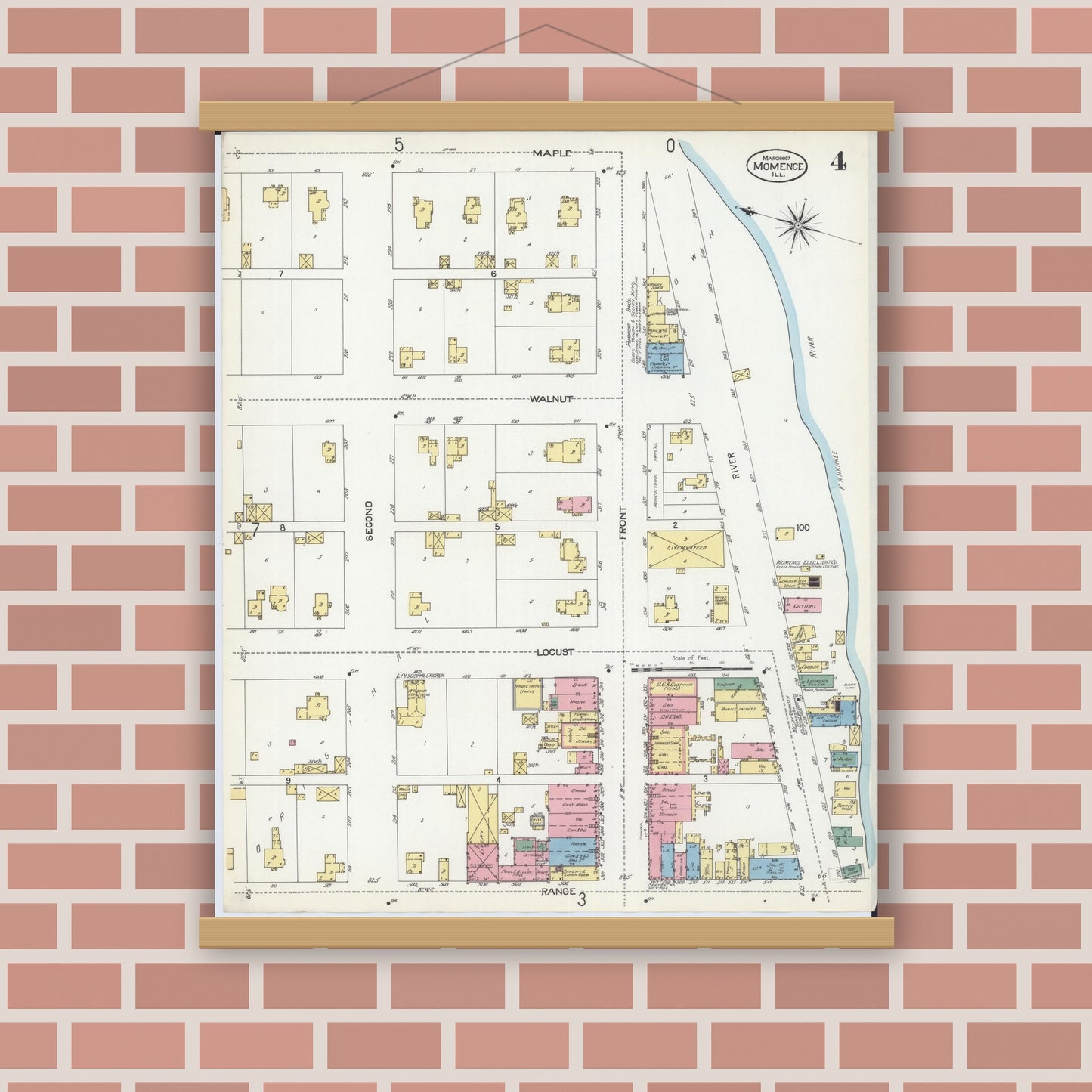 Old map wall art mockup — magnetic wood frame on brick wall — Sanborn Fire Insurance Map from Momence, Kankakee County, Illinois (1907), Sheet #0004