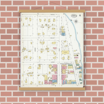 Old map wall art mockup — magnetic wood frame on brick wall — Sanborn Fire Insurance Map from Momence, Kankakee County, Illinois (1907), Sheet #0004