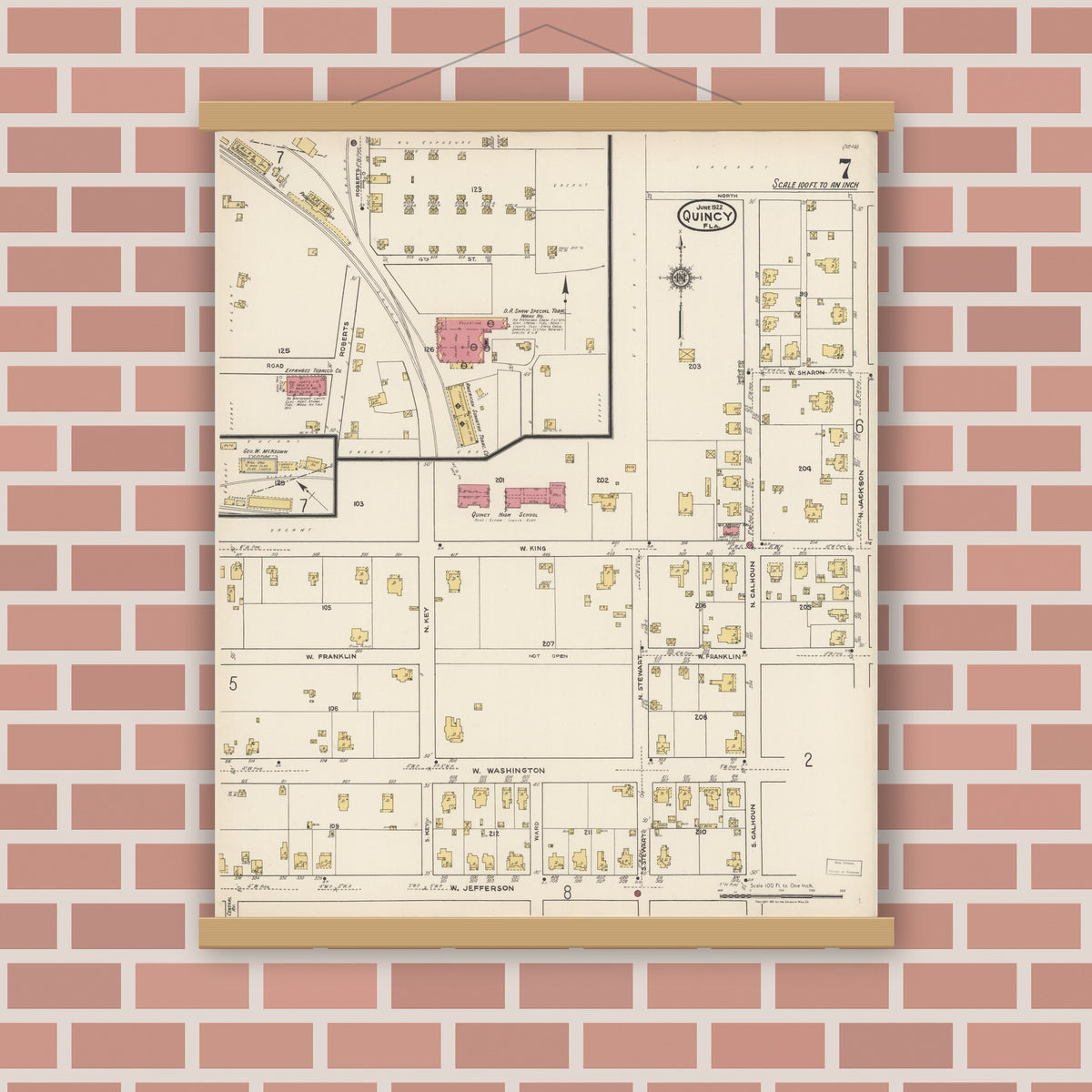 Old map wall art mockup — magnetic wood frame on brick wall — Sanborn Fire Insurance Map from Quincy, Gadsden County, Florida (1922), Sheet #0007