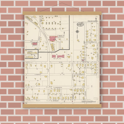 Old map wall art mockup — magnetic wood frame on brick wall — Sanborn Fire Insurance Map from Quincy, Gadsden County, Florida (1922), Sheet #0007