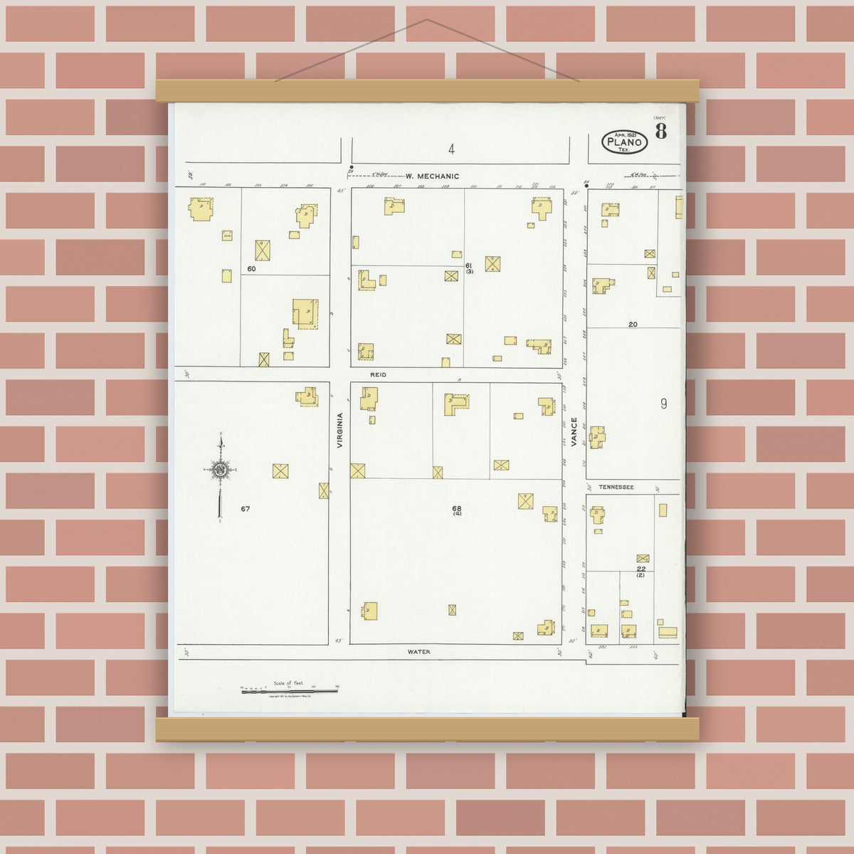 Old map wall art mockup — magnetic wood frame on brick wall — Sanborn Fire Insurance Map from Plano, Collin County, Texas (1921), Sheet #0008
