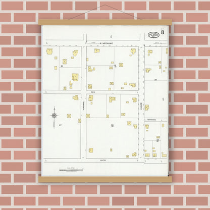 Old map wall art mockup — magnetic wood frame on brick wall — Sanborn Fire Insurance Map from Plano, Collin County, Texas (1921), Sheet #0008