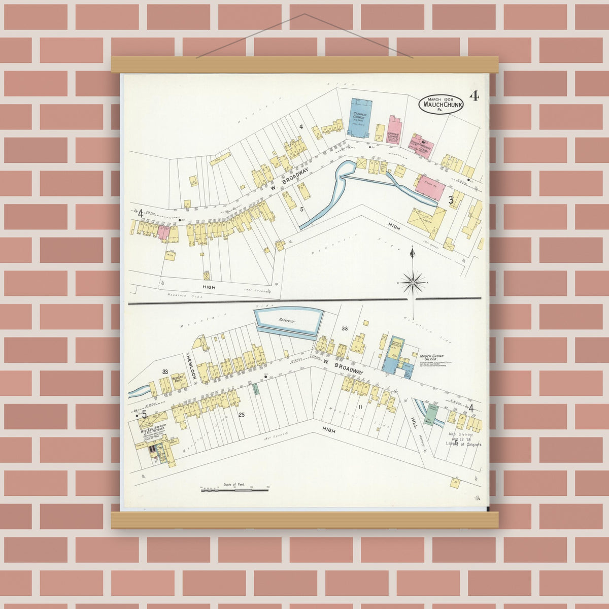 Old map wall art mockup — magnetic wood frame on brick wall — Sanborn Fire Insurance Map from Mauch Chunk, Carbon County, Pennsylvania (1908), Sheet #0004