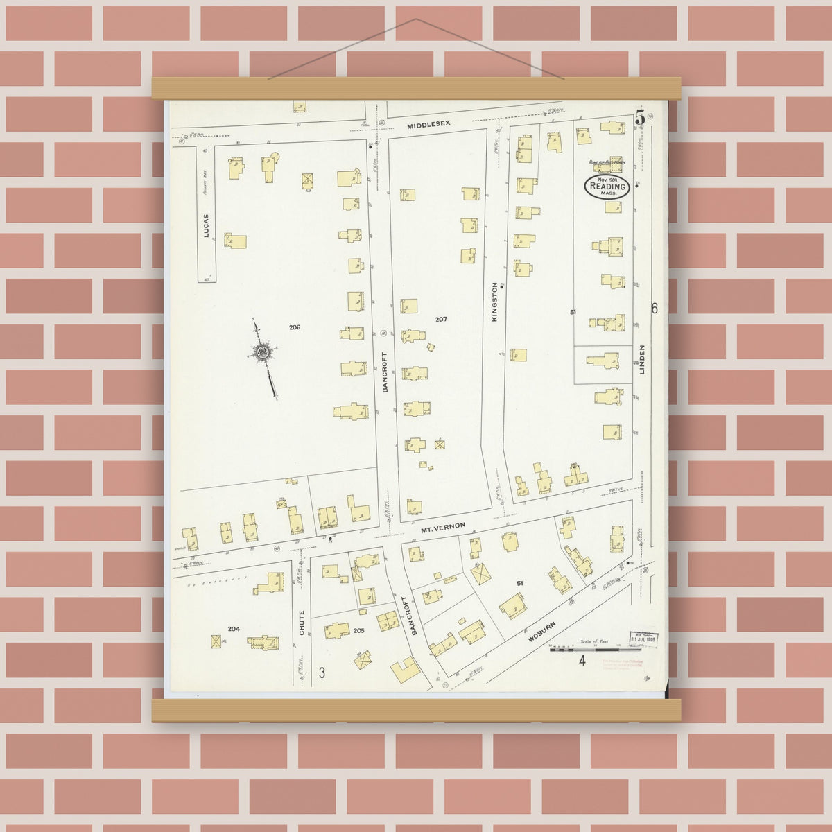 Old map wall art mockup — magnetic wood frame on brick wall — Sanborn Fire Insurance Map from Reading, Middlesex County, Massachusetts (1909), Sheet #0005