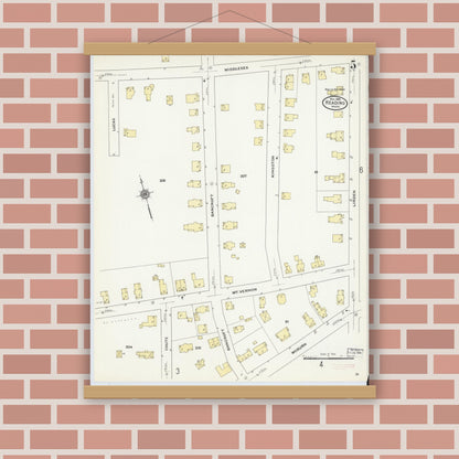 Old map wall art mockup — magnetic wood frame on brick wall — Sanborn Fire Insurance Map from Reading, Middlesex County, Massachusetts (1909), Sheet #0005