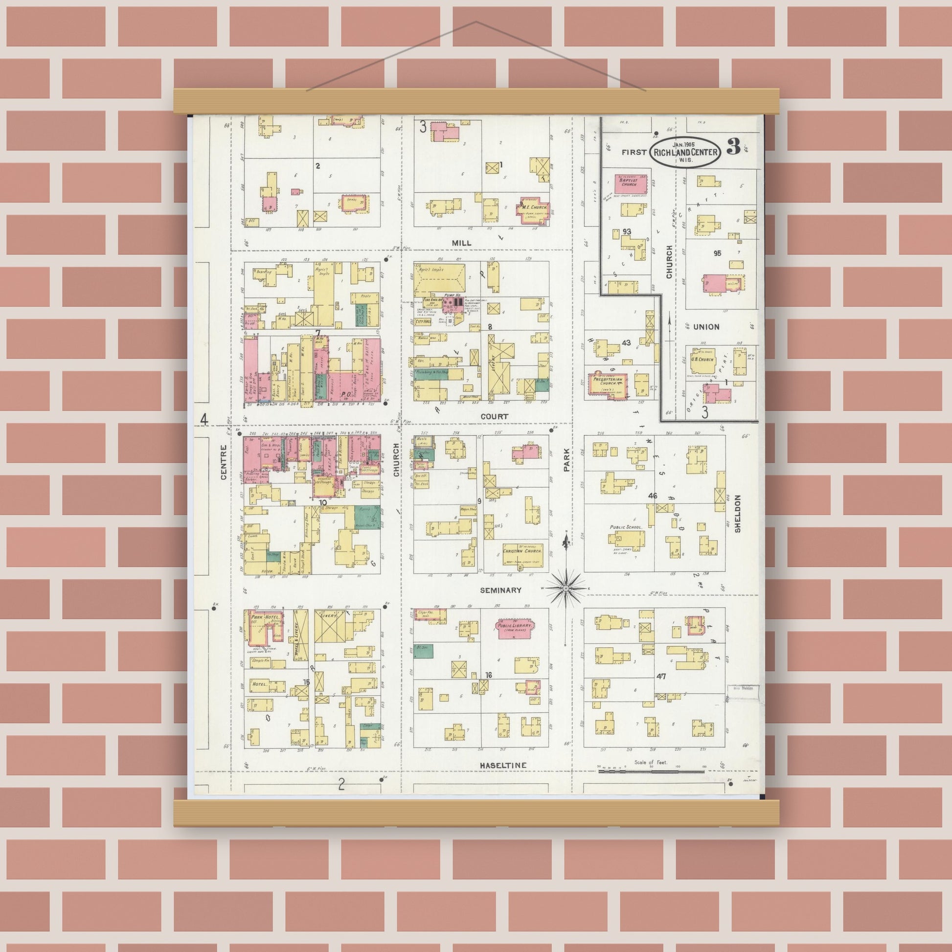 Old map wall art mockup — magnetic wood frame on brick wall — Sanborn Fire Insurance Map from Richland Center, Richland County, Wisconsin (1905), Sheet #0003