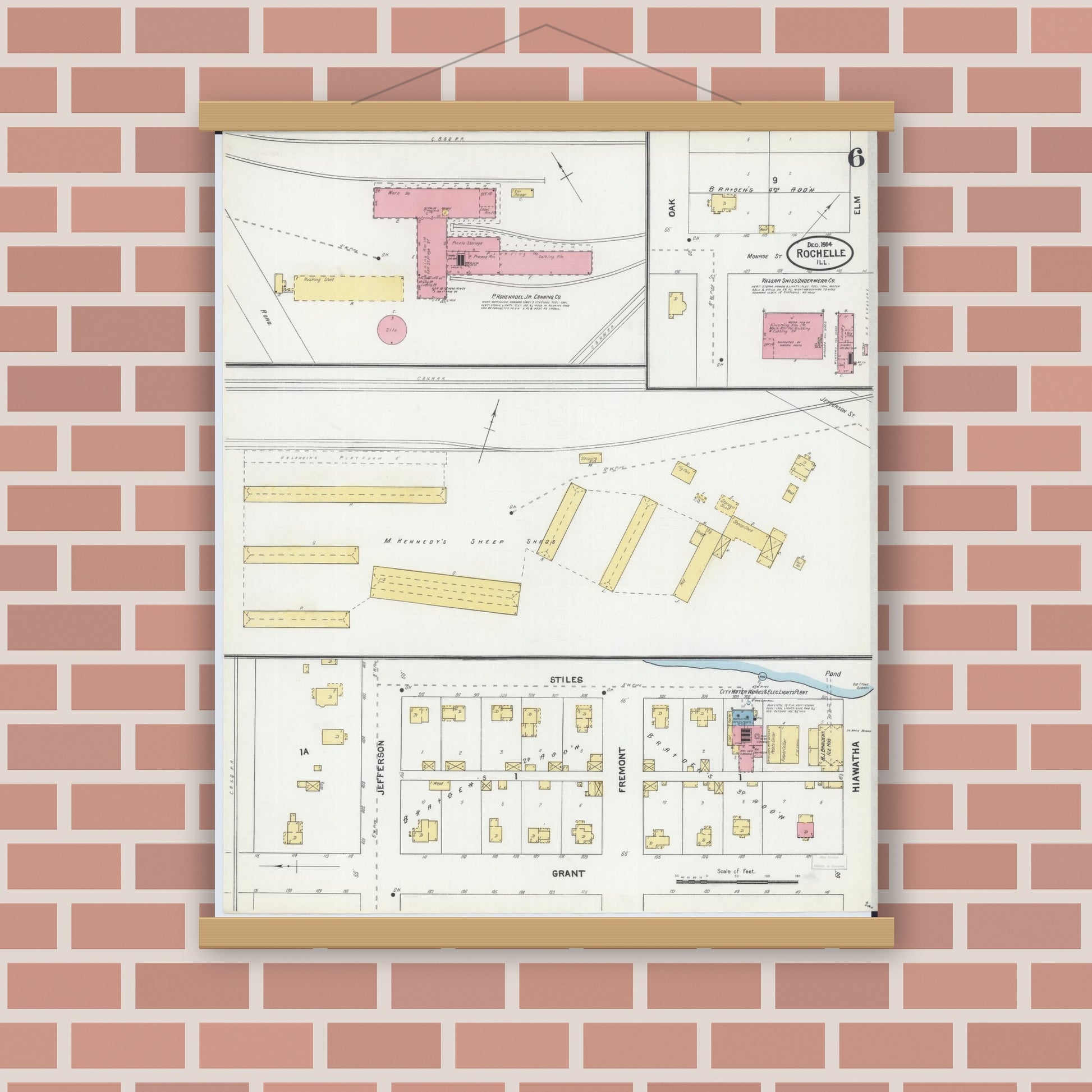 Old map wall art mockup — magnetic wood frame on brick wall — Sanborn Fire Insurance Map from Rochelle, Ogle County, Illinois (1904), Sheet #0006