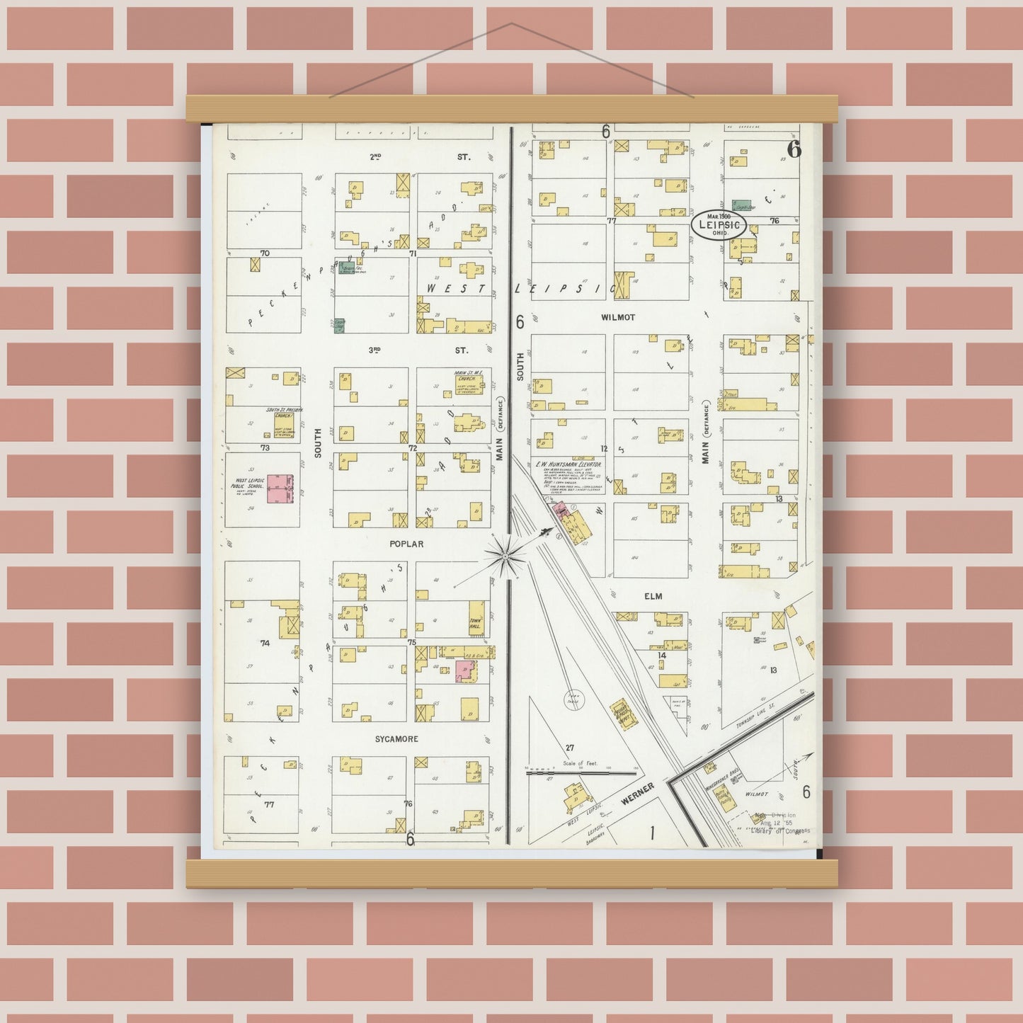 Old map wall art mockup — magnetic wood frame on brick wall — Sanborn Fire Insurance Map from Leipsic, Putnam County, Ohio (1900), Sheet #0006