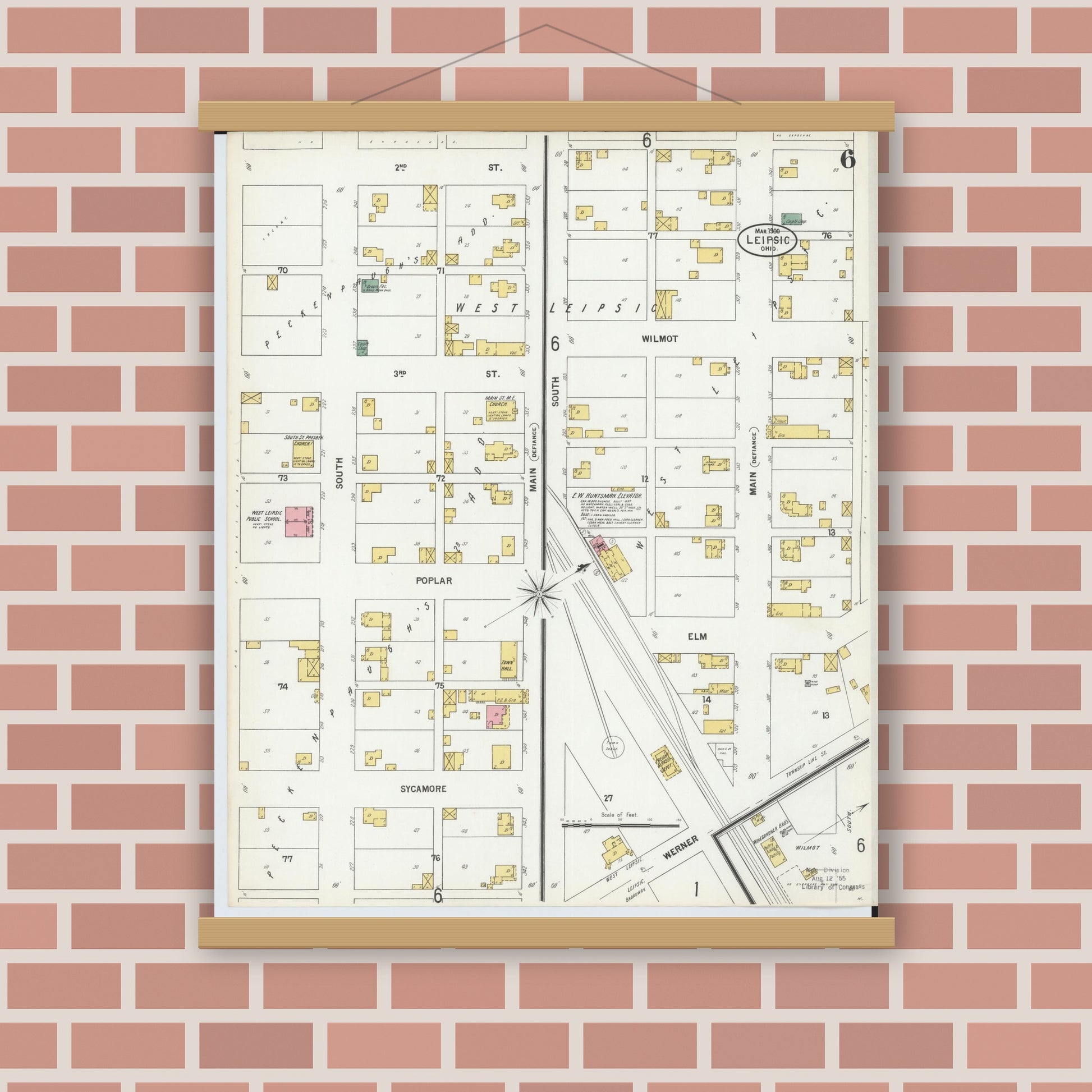 Old map wall art mockup — magnetic wood frame on brick wall — Sanborn Fire Insurance Map from Leipsic, Putnam County, Ohio (1900), Sheet #0006