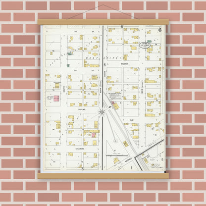Old map wall art mockup — magnetic wood frame on brick wall — Sanborn Fire Insurance Map from Leipsic, Putnam County, Ohio (1900), Sheet #0006