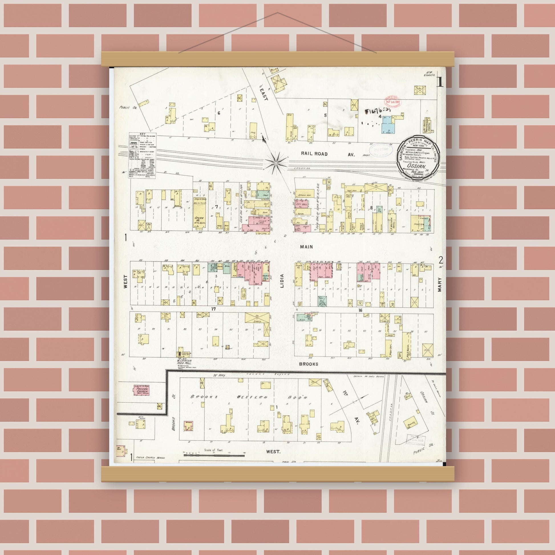 Old map wall art mockup — magnetic wood frame on brick wall — Sanborn Fire Insurance Map from Ossian, Winneshiek County, Iowa (1897) â€” Complete Set