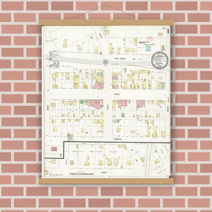 Old map wall art mockup — magnetic wood frame on brick wall — Sanborn Fire Insurance Map from Ossian, Winneshiek County, Iowa (1897) â€” Complete Set
