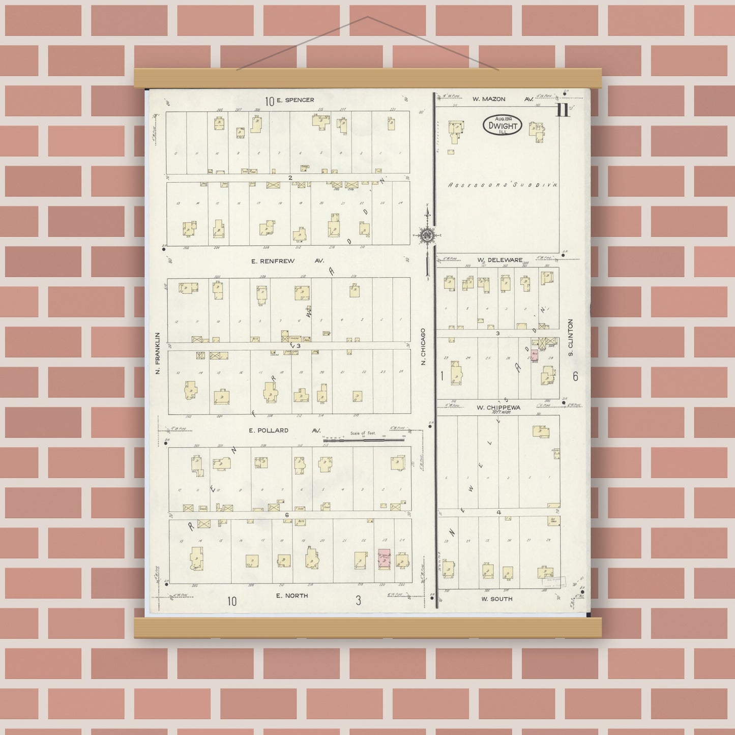 Old map wall art mockup — magnetic wood frame on brick wall — Sanborn Fire Insurance Map from Dwight, Livingston County, Illinois (1914), Sheet #0011