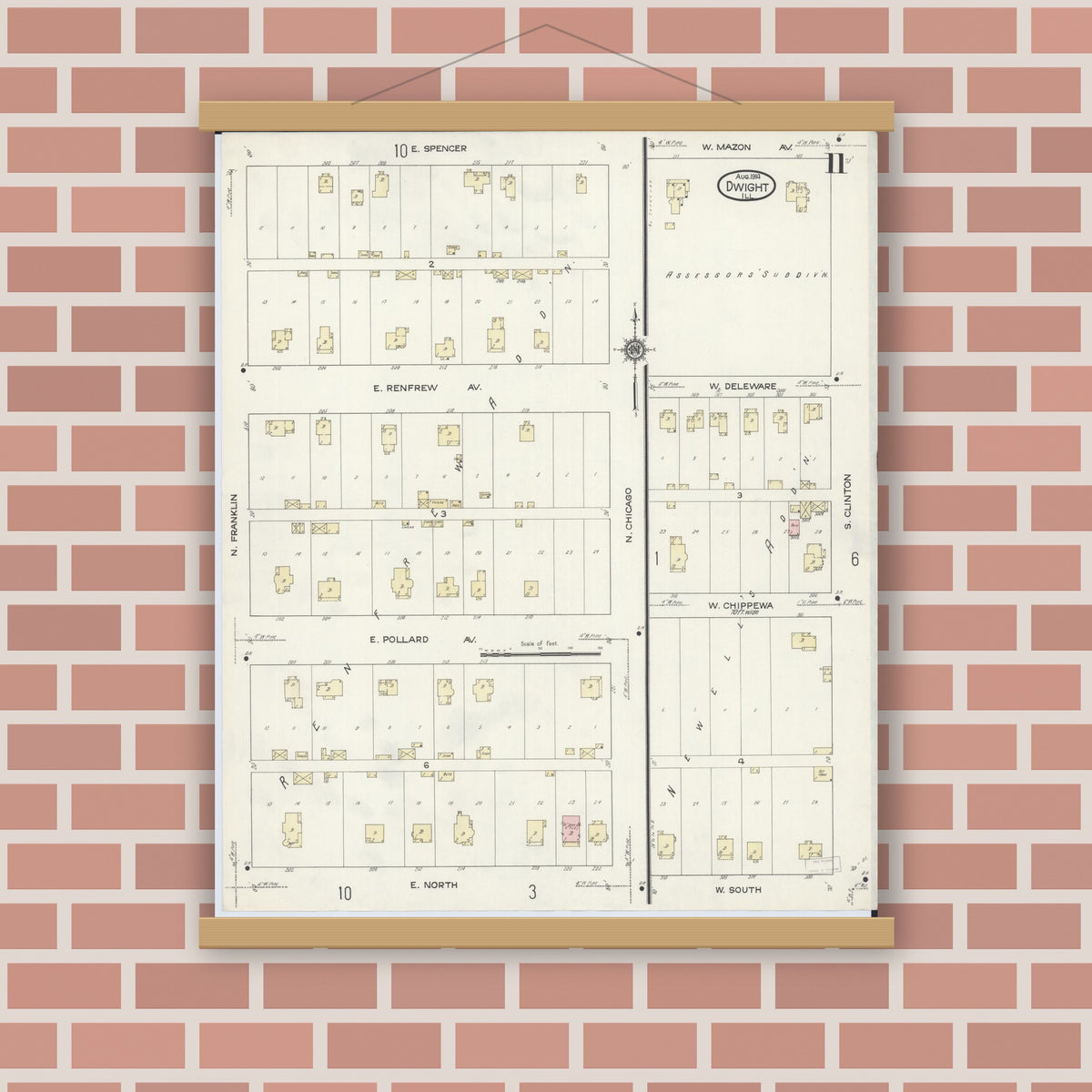 Old map wall art mockup — magnetic wood frame on brick wall — Sanborn Fire Insurance Map from Dwight, Livingston County, Illinois (1914), Sheet #0011