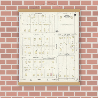 Old map wall art mockup — magnetic wood frame on brick wall — Sanborn Fire Insurance Map from Dwight, Livingston County, Illinois (1914), Sheet #0011
