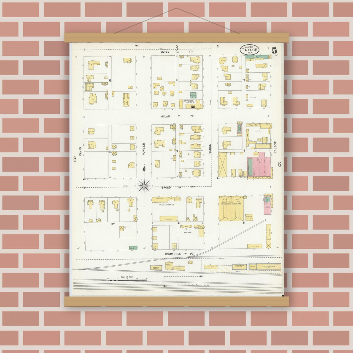 Old map wall art mockup — magnetic wood frame on brick wall — Sanborn Fire Insurance Map from Taylor, Williamson County, Texas (1904), Sheet #0005