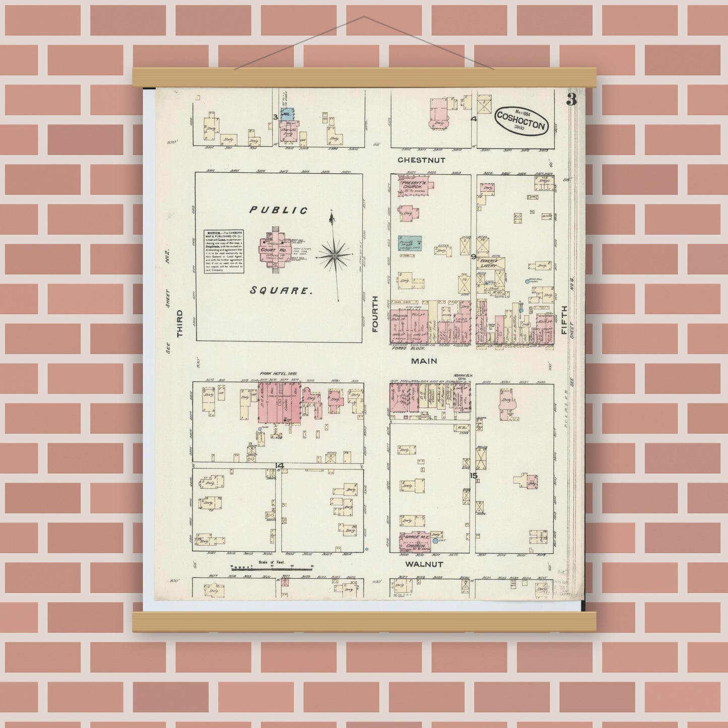Old map wall art mockup — magnetic wood frame on brick wall — Sanborn Fire Insurance Map from Coshocton, Coshocton County, Ohio (1884), Sheet #0003