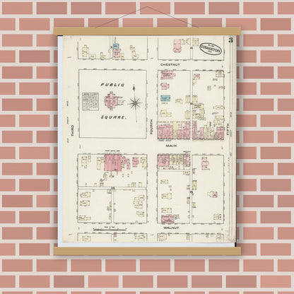 Old map wall art mockup — magnetic wood frame on brick wall — Sanborn Fire Insurance Map from Coshocton, Coshocton County, Ohio (1884), Sheet #0003