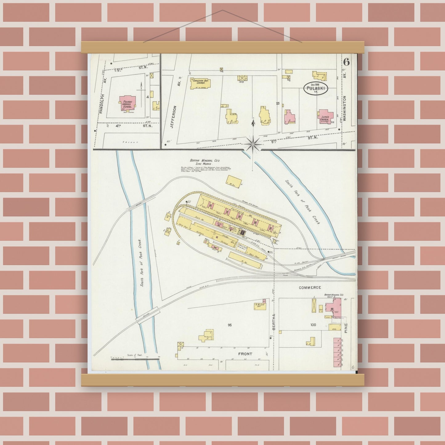Old map wall art mockup — magnetic wood frame on brick wall — Sanborn Fire Insurance Map from Pulaski, Pulaski County, Virginia (1898), Sheet #0006