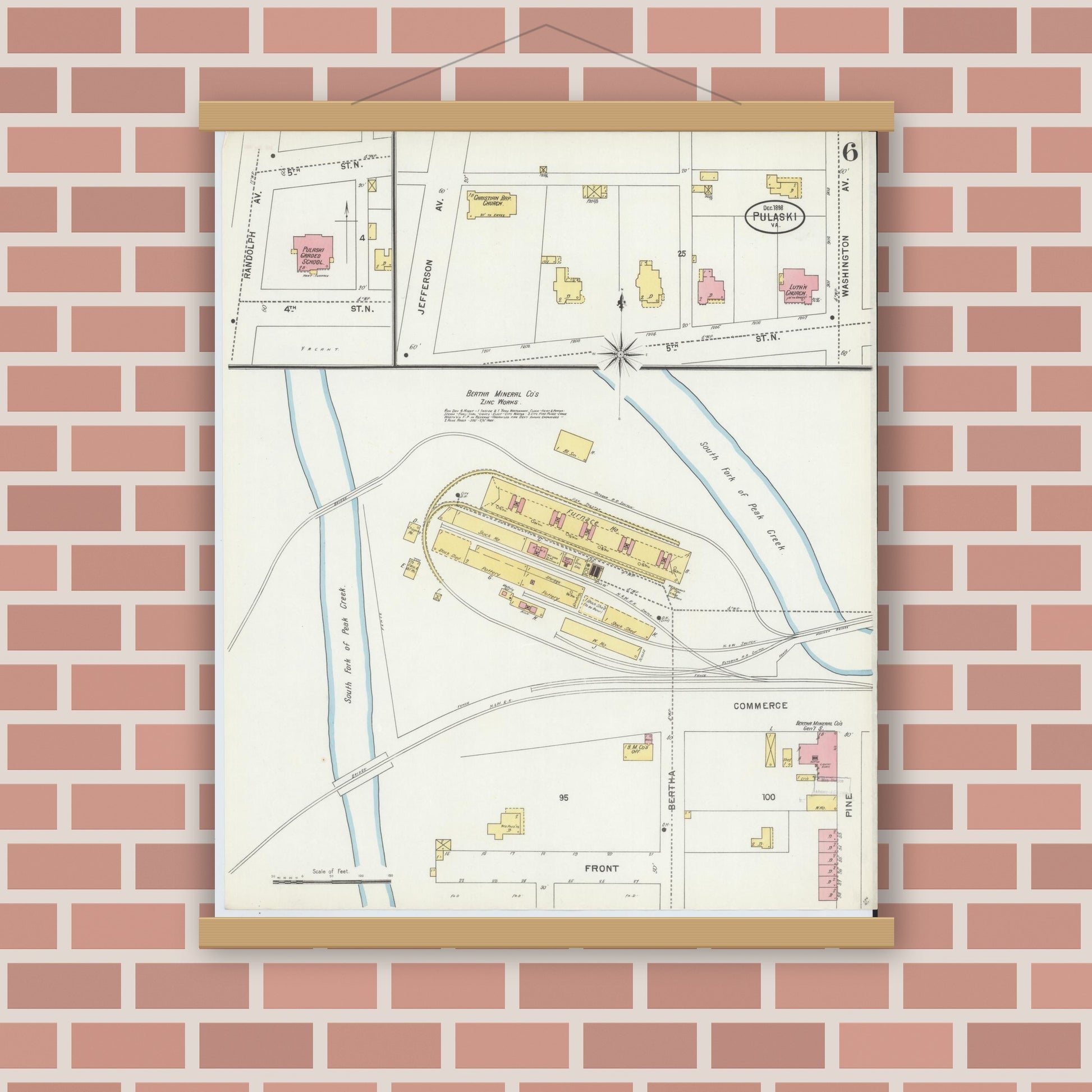 Old map wall art mockup — magnetic wood frame on brick wall — Sanborn Fire Insurance Map from Pulaski, Pulaski County, Virginia (1898), Sheet #0006