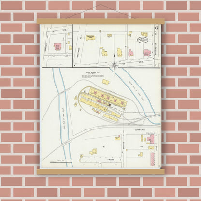 Old map wall art mockup — magnetic wood frame on brick wall — Sanborn Fire Insurance Map from Pulaski, Pulaski County, Virginia (1898), Sheet #0006