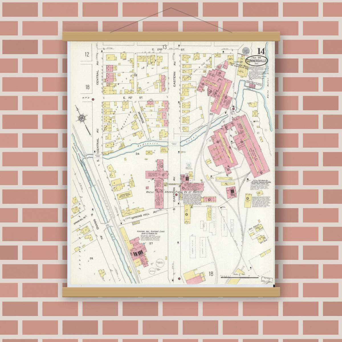 Old map wall art mockup — magnetic wood frame on brick wall — Sanborn Fire Insurance Map from Connersville, Fayette County, Indiana (1913), Sheet #0014