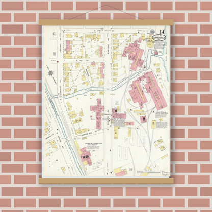 Old map wall art mockup — magnetic wood frame on brick wall — Sanborn Fire Insurance Map from Connersville, Fayette County, Indiana (1913), Sheet #0014