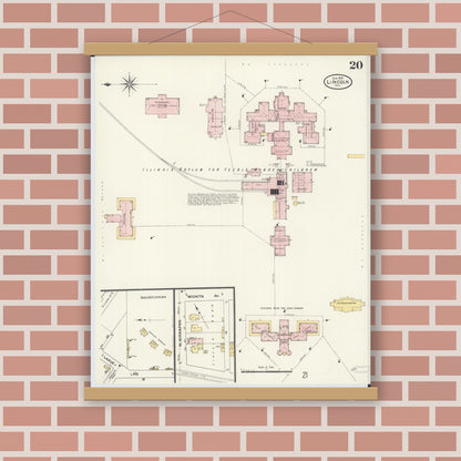 Old map wall art mockup — magnetic wood frame on brick wall — Sanborn Fire Insurance Map from Lincoln, Logan County, Illinois (1909), Sheet #0020